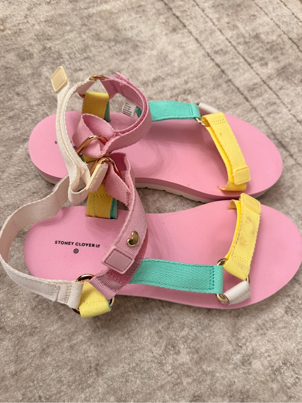 Stoney Clover Lane Pink Footbed Sandals with Yellow, Mint & Cream Straps